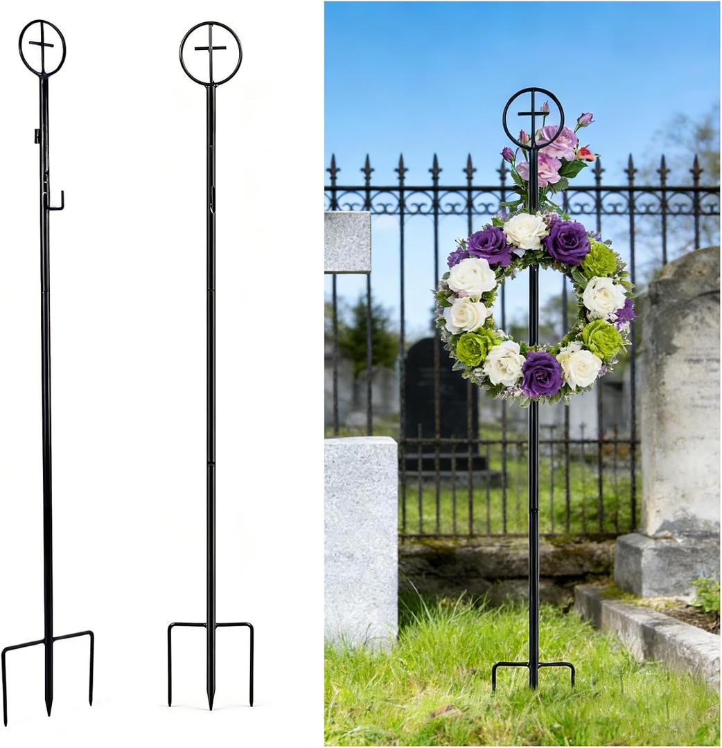 succulentlovers 2PCS Cemetery Wreath Stands, 38" Christmas Metal Wreath Holder Stand with Cross 3 Pronged Decor, Gravestone Wreath Hanger Headstone Flower Holder for Xmas Memorial Day Graveside Decor