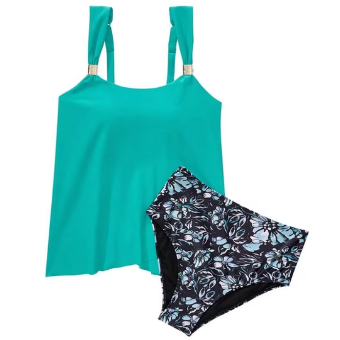 Cadet Blue Tankini Set With Twisted Straps And Floral High-Waisted Bottom
 (Blue, L)