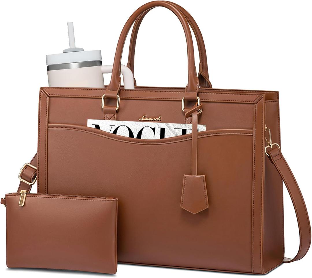 LOVEVOOK Laptop Tote Bag for Women, Office Work Bag Briefcase fit for 15.6 inch Laptop, Large Capacity Teacher Bag Handbag (Leather/Brown)