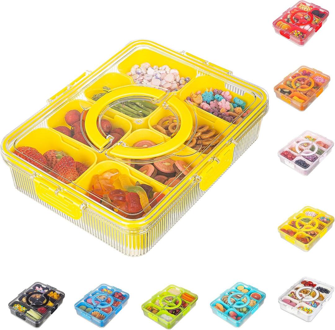 Patent Divided Serving Tray with Lid & Handle - Snackle Box Organizer for Charcuterie, Veggies, Fruits, Candy - Portable Food Storage for Travel, Beach, Picnics1 pcs, Yellow