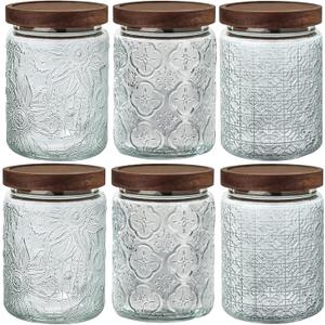 24 OZ Airtight Glass Storage Jar with Bamboo Lid - Vintage Glass Jar Vintage Food Containers Canisters Set for Kitchen Counter & Pantry - Ideal for Sugar, Flour, Coffee, Tea, Candy, Oats -6 Pack