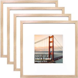 KINLINK 14x14 Picture Frame, Natural Square Solid Wood Frames for Pictures 8x8 with Mat or 14x14 without Mat, Wall Display Photo Frames Natural 4 Pack
