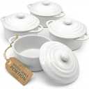 Kook Ceramic Mini Cocotte Set, Small Casserole Dishes with Lids and Handles, Individual Baking Ramekins, Oven safe 350°F, Microwave & Dishwasher Safe, Stoneware, 12 oz, Set of 4, (Swiss White)