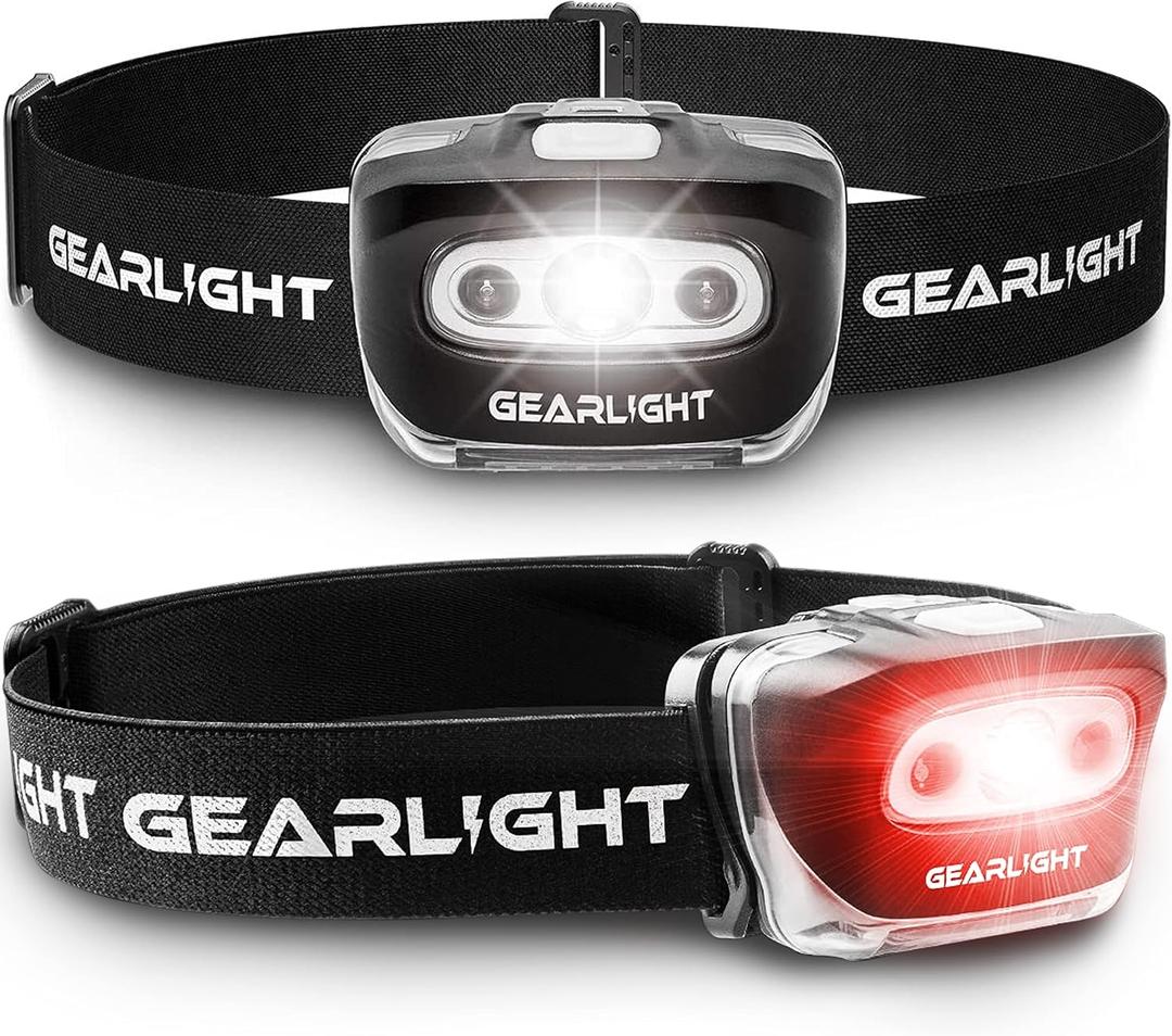GearLight 2Pack LED Headlamp - Outdoor Camping Head Lamps with Adjustable Headband - Lightweight Battery Powered Bright Flashlight Headlight with 7 Modes and Pivotable Head and Red Light (2 Pack, Battery Powered (Batteries Not Included))