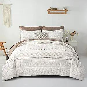 WONGS BEDDING 7 Pieces Brown Comforter Set King Size,Boho Bed in a Bag Geometric Stripe Comforter Reversible Soft Microfiber Bedding Set with Pillowcases & Shams,Flat Sheet,Fitted Sheet