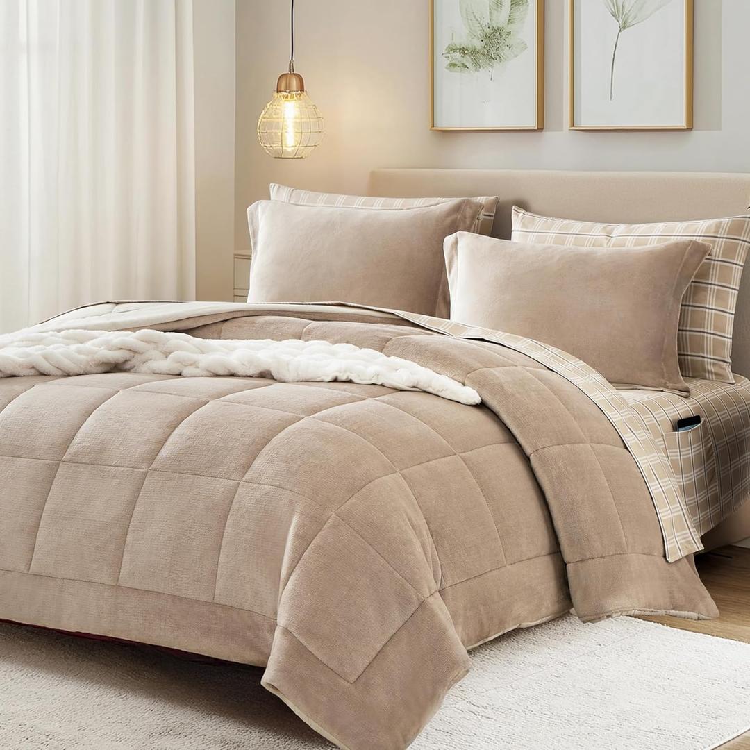 Plush Queen Comforter Set Bed in a Bag, Light Taupe Flannel Velvet Comforter Sets 7 Pieces, Soft Warm Bedding Set with Comforter, Fitted&Flat Sheets, Pillowcases&Shams