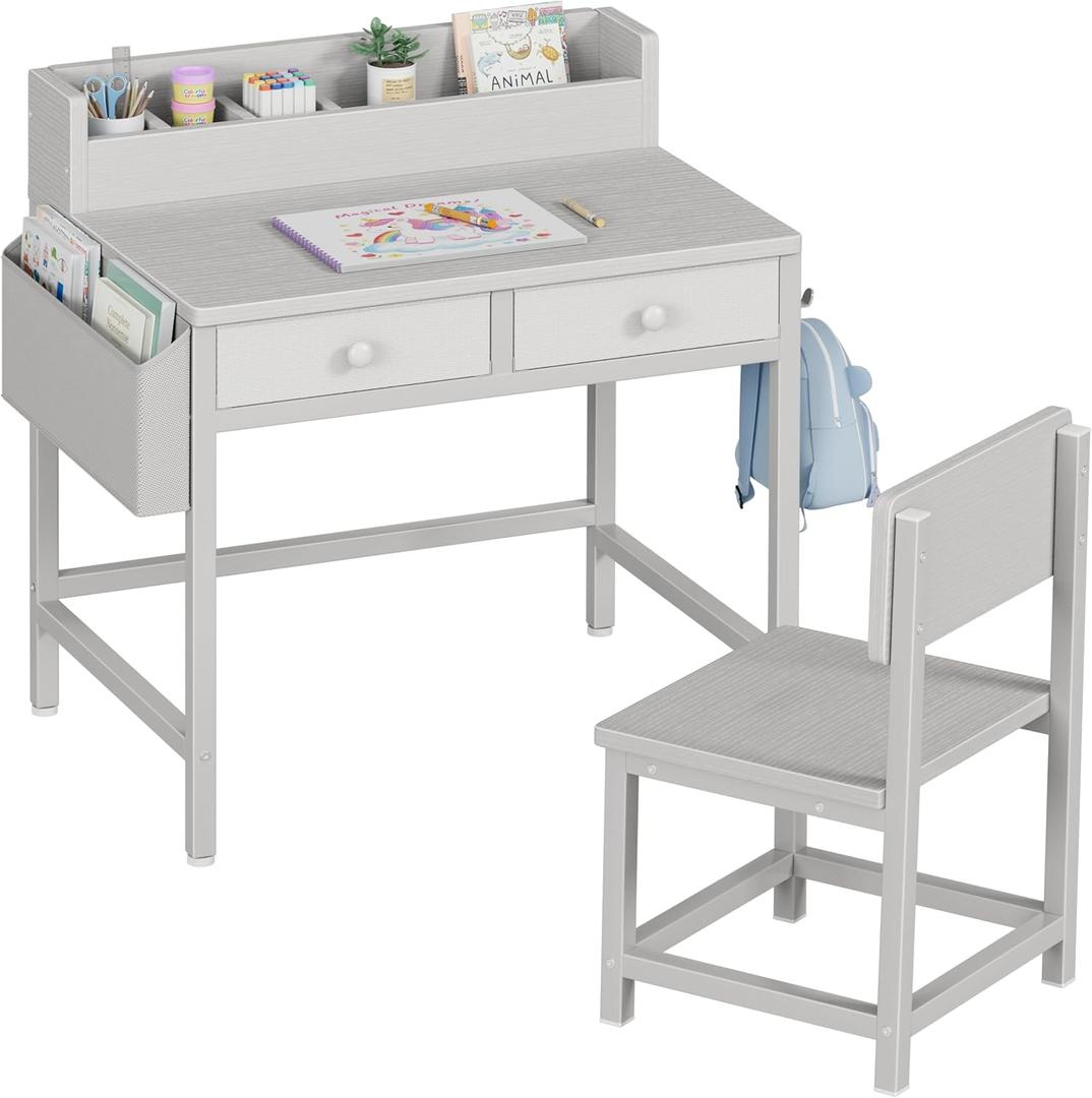 BOLUO Gray Kids Desk and Chair Set for 5-8 Year Old, Small Child Desk with Fabric Drawer, Children Study Table with Storage Toddler Girls Boys (Grey)