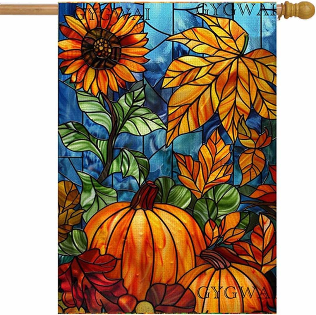 Fall House Flag 28x40 Inch Double Sided, Autumn Pumpkin Sunflower Burlap Yard Flag for Outside, Stained Glass Thanksgiving Seasonal Outdoor Decor for Home, Lawn, Porch, Farmhouse