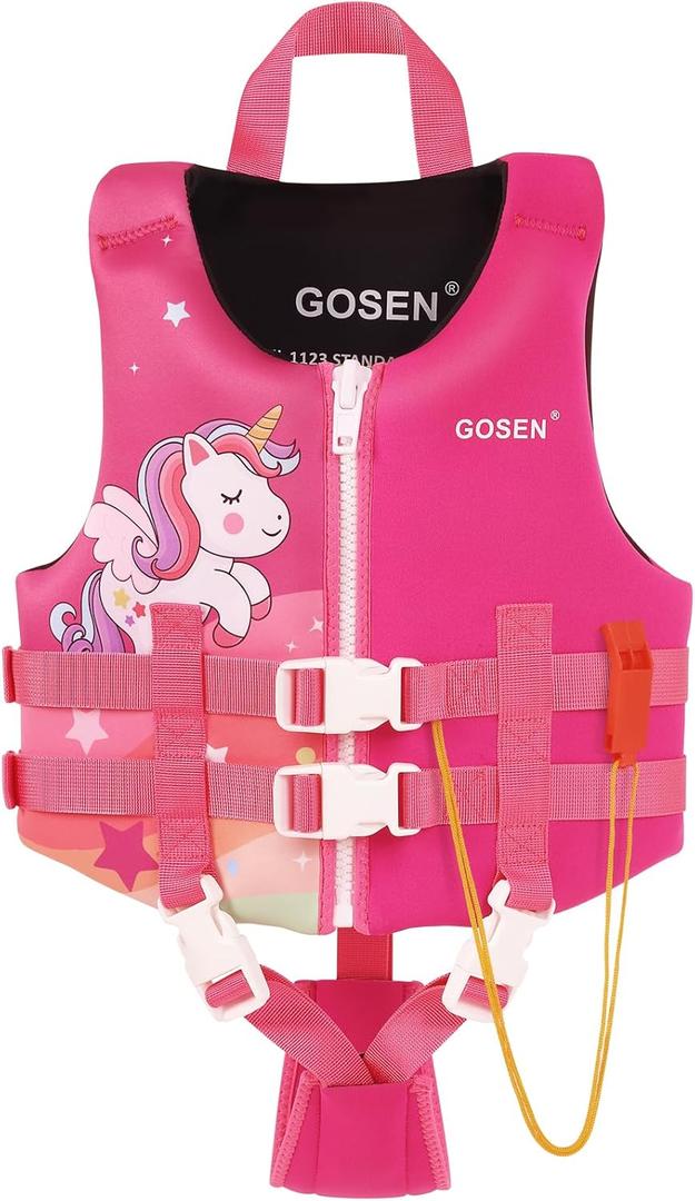 GOSEN Toddler Swim Vest Kids Floaties - Swim Jacket for 1-8 Years (24-80LBS) - Children Pool Float with Dual Adjustable Safety Straps, Swimming Aid for Boys and Girls (Medium, Pink Unicorn)