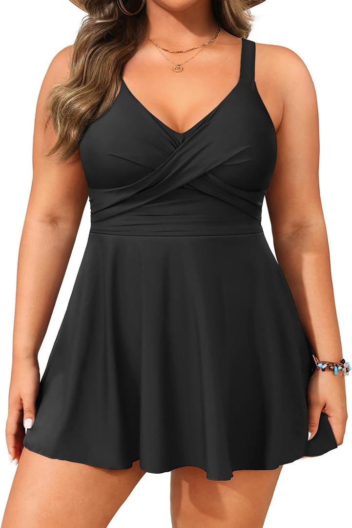Aqua Eve Plus Size Swim Dress - Two Piece Tankini Swimsuit Tummy Control Bathing Suit with Shorts 2025 (Black) 16W