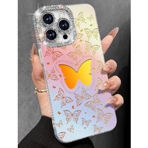 Toycamp for iPhone 14 Pro Case - Aesthetic Cute Colorful Butterfly 14 Pro Phone Case with Diamond Bling Lens Protector Laser Glitter Holographic Y2K i Phone 14 Pro Cover for Women Girly Pack Of 2