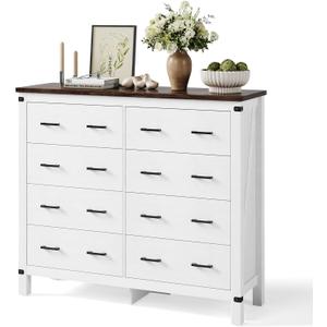 LINSY HOME Farmhouse 8 Drawer Double Dresser for Bedroom, 50 Wide Rustic Wood Chest with Deep Drawers, Modern Dressers with Storage and Metal Handles for Closet, Living Room, Hallway, Off White (15.7"D x 49.6"W x 43.3"H (8 Drawers))