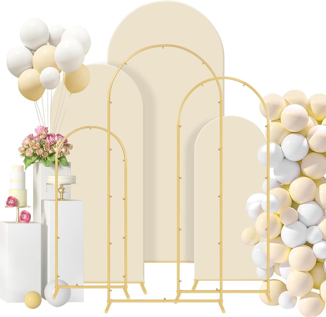Wedding Arch Backdrop Stand Set Metal Arch Backdrop Stand with Wedding Arch Cover, Wedding Balloon Arch Backdrop Stand for Birthday, Baby Shower, Anniversary (Beige, 4FT+5FT+6FT)