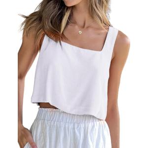 IDEALSANXUN Linen Crop Tank Tops for Women Summer Sleeveless Casual Cute Square Neck Tank Tops (Small, White)