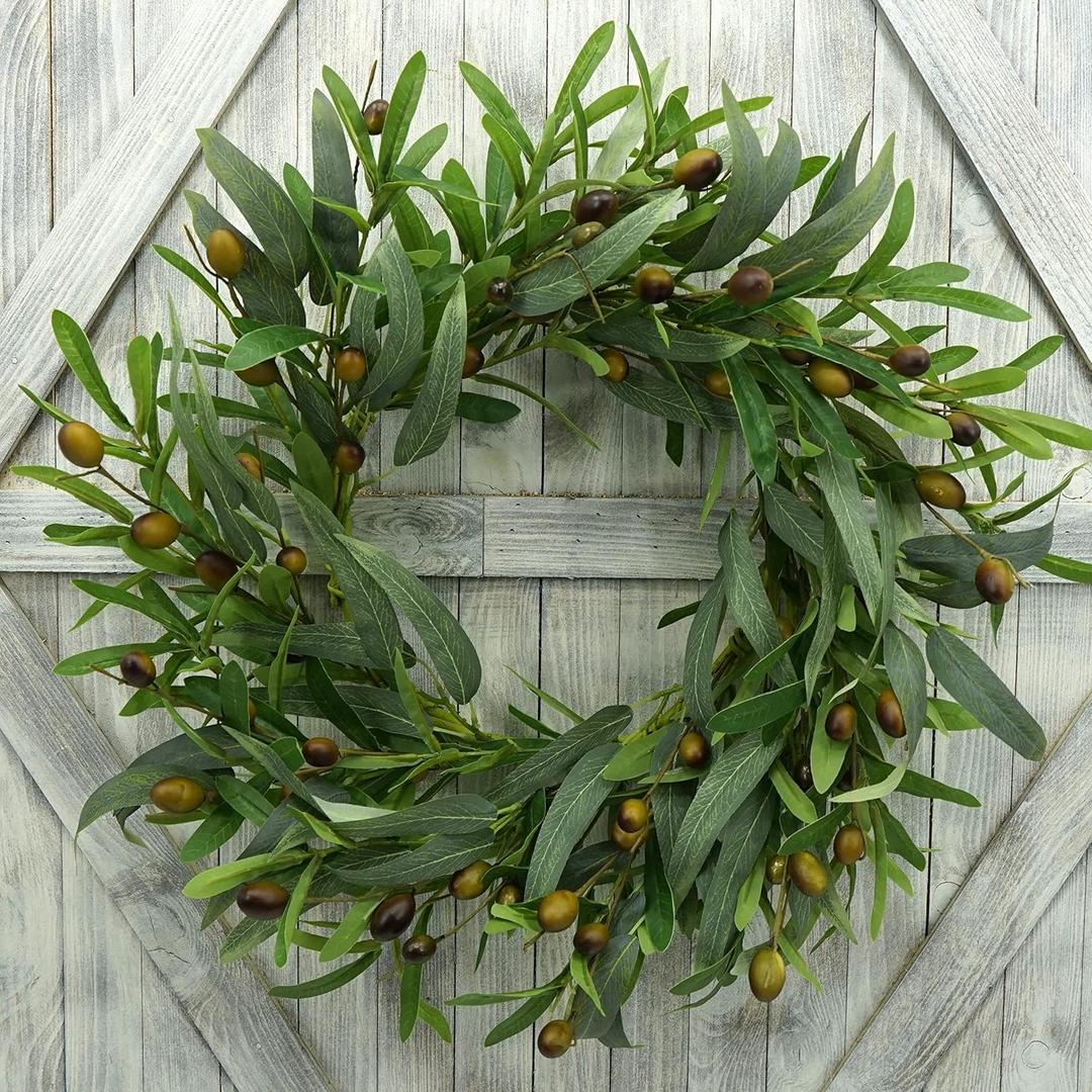 AMF0RESJ 20 inches Artificial Green Olive Wreath Greenery Wreath with Olive Leaves, Bean for Front Door Indoor Outdoor Farmhouse Home Wall Window Festival Wedding Decor, White Gift Box Included