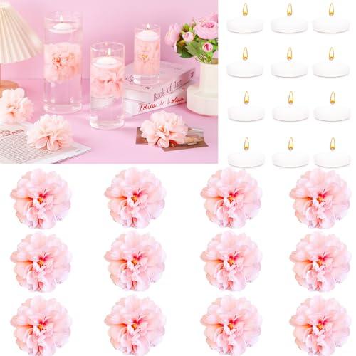 24 Pcs Floating Candles for Centerpieces and Floating Flowers for Centerpieces Pink Artificial Flowers Vase Fillers for Wedding Table Party Home Decoration