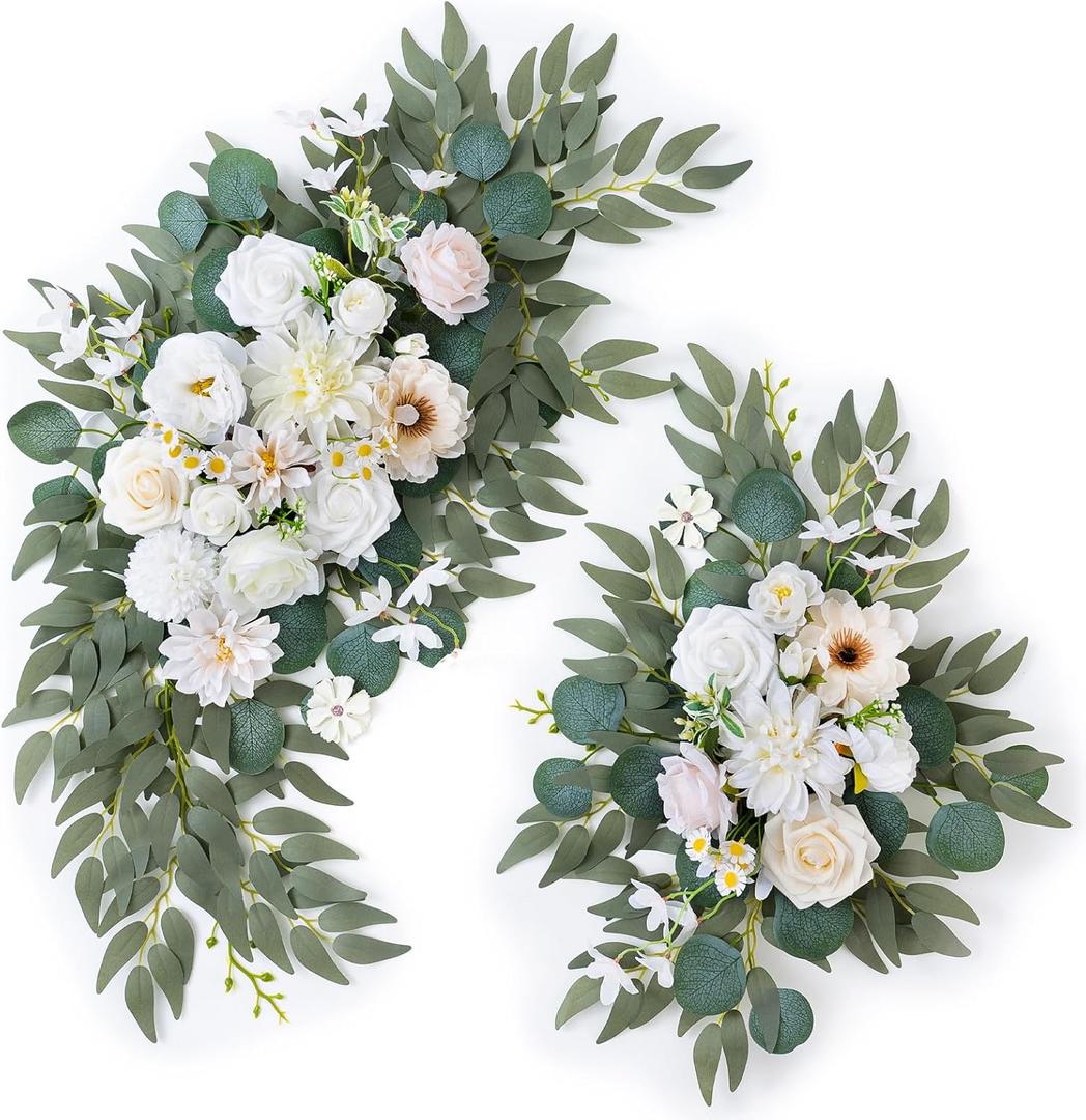 Artificial Arch Flowers Swag Set of 2 for Wedding Welcome Sign Floral Decoration and Reception Backdrop Decoration(Champagne White)