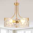 Gold Glass Drum Chandelier, 4-Light Modern Hammered Ripple Glass Chandelier, 16.9"W × 67.5"H