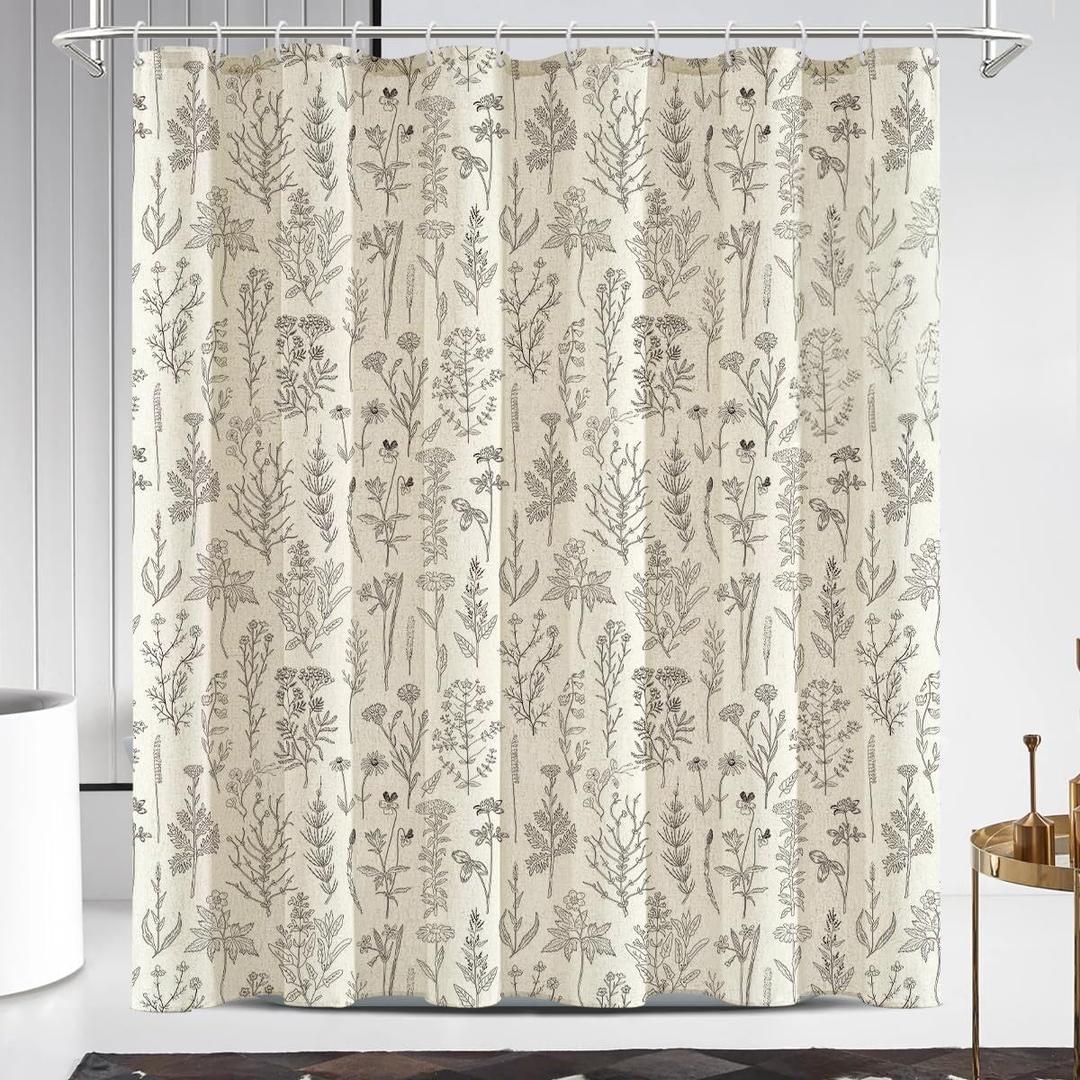 Coxila Vintage Floral Linen Shower Curtain Extra Long XL Flower Retro Rustic Antique Botanical Farmhouse Country Boho Cottage Aesthetic Wildflower Bathroom 72 x 84 Inch Polyester Fabric 12 Pack Hooks
