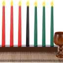 10 Pieces Kwanzaa Kinara Candles Set Flameless Battery Operated Kwanzaa LED Taper Candles with Candle Holder Wooden Wine Goblet Bamboo Table Mat for Kwanzaa Celebration Decoration