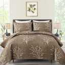 DJY Brown Quilt Set King Size - Branch Botanical Pattern Bedspread Coverlet Set, 3 Pieces Brown Floral Quilt Bedding Set, Soft Lightweight Microfiber Bed Cover for All Season (110''x90'')