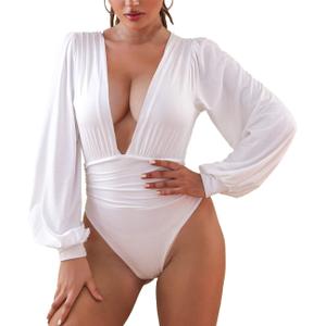 Syydn Women's Deep V Neck Tops Sexy Puff Sleeve Bodycon Jumpsuit Stretchy Bodysuit Jumpsuits (White, Small)