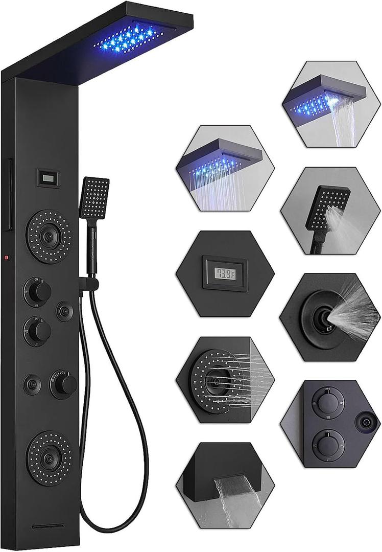 Shower Panel LED Rainfall Waterfall Shower Head Light Bathroom Shower Panel Tower System Rain Massage 6-Functions with Handheld Shower Tub Spout Body Jet Temperature Display Wall Mount