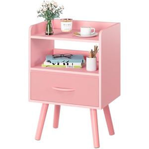 Modern Yoobure Nightstand 5.7"L x 11.8"W x 24.8"H with Fabric Drawer & Open Shelf, Pink