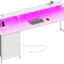 Huuger 63 Inch Computer Desk with Power Outlets and LED Lights, Gaming Desk with 4 Drawers, Office Desk with Monitor Stand, Study Work Desk for Home Office, White
