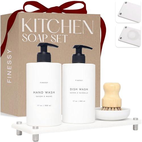 Luxe White Kitchen Soap Dispenser Set with Tray and Dish Brush, Refillable Hand and Dish Soap Dispenser Set Bottles with Pump for Lotion Handsoap Liquid Dishwashing Kitchen and Bathroom Countertop Set
