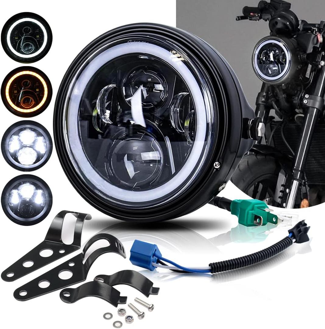 7 Inch LED Motorcycle Headlight Round DOT Approved With Housing Bucket Turn Signals DRL Halo Ring Angle Eyes Hi/Lo Beam Headlight w/Fork Clamp Bracket for H-arley Honda Yamaha Motorcycle