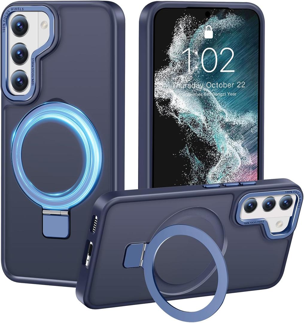 Compatible with Samsung Galaxy S22 Case with Magnetic Ring Stand, Military Drop Protection, Anti-Scratch/Anti-Fingerprint Translucent Matte Case for Samsung Galaxy S22 (Dark Blue)
