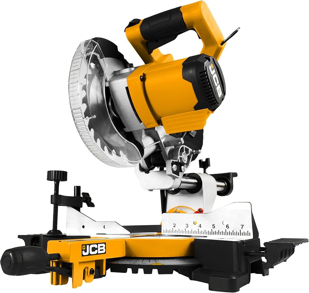 JCB Tools - 20V Cordless Brushless Miter Chop Saw Power Tool - Laser Light - For Straight Crosscuts, Bevel, Angled Cuts, Floor Boards and Laminate, Wood And Woodworking