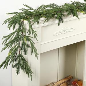 9FT Christmas Greeny Norfolk Pine Garlands, Artificial Realistic Touch Pine Greenery Garland, Christmas Winter Decoration for Xmas Table Fireplace Wall Centerpiece Decoration