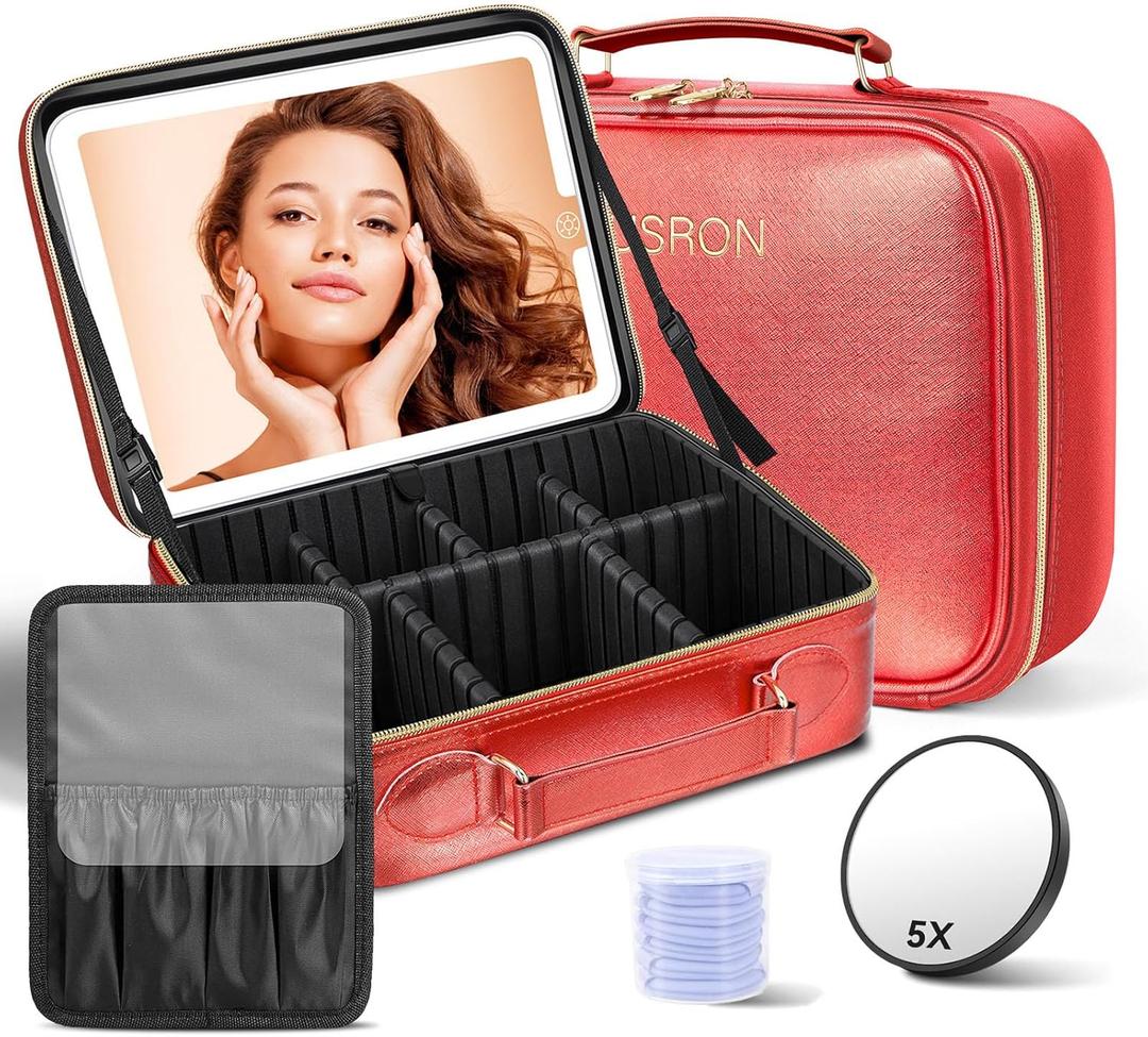 JUSRON Travel Makeup Bag With LED Mirror, Cosmetic Train Case with Light up Mirror, Portable Makeup Artist Organizer Bag with Adjustable Dividers, Makeup Brush Holder Storage (Red, Large)