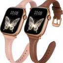 2 pack Slim Leather Bands Compatible with Apple Watch Band 38mm 40mm 41mm 42mm 44mm 45mm 46mm 49mm Women,Top Layer Genuine Leather Strap for iWatch Series 11/10/9/8/7/6 5/4/3/2/1/SE/Ultra (Brown+Pink/Rose Gold)