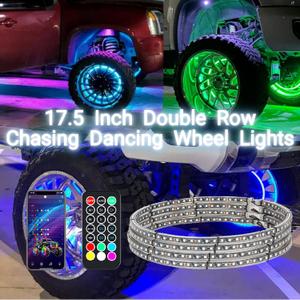 4pcs 17.5 inch Double Row Wheel Lights for Truck/Car/ATV/UTV, Dancing Chasing Color, LED Rim Wheel Ring Lights W/Turn Signal and Braking Function Controlled by Remote and App