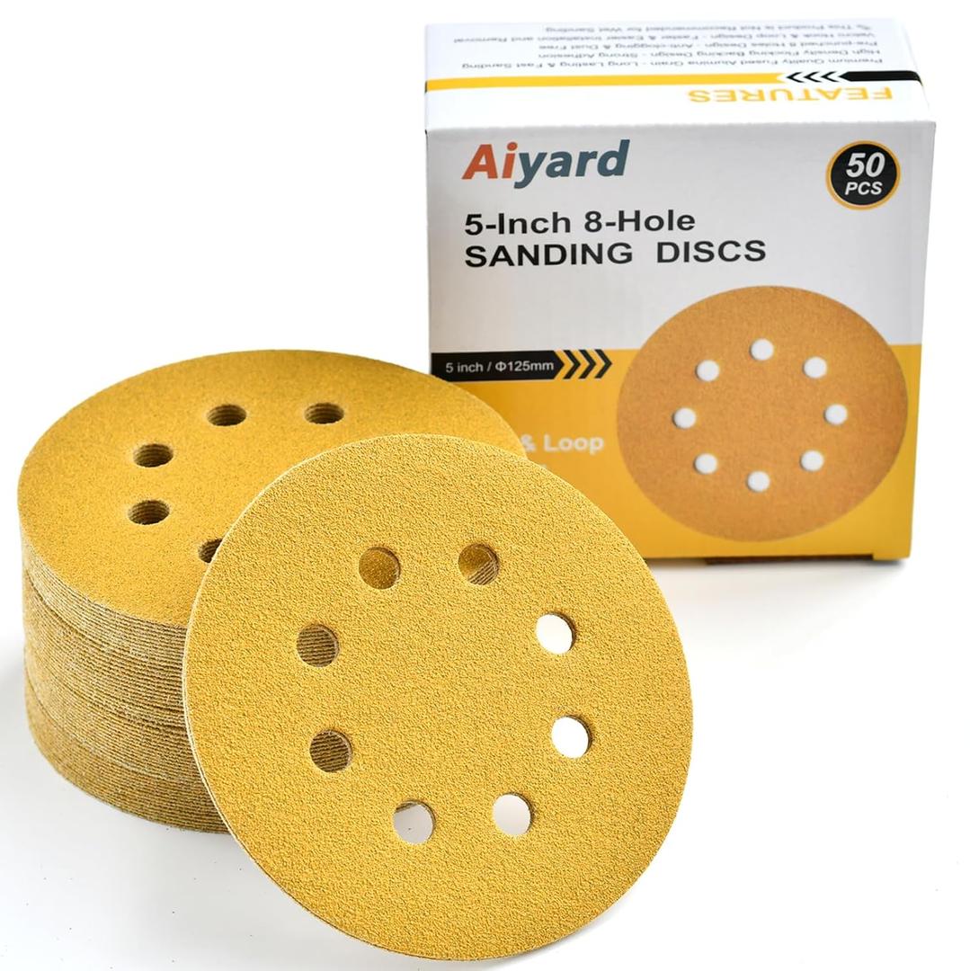 5-Inch 8-Hole Hook and Loop Sanding Discs 80-Grit Random Orbit Sandpaper, 50-Pack
