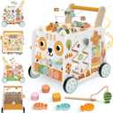 Wooden Baby Walker, Baby Push Walker with Wheels, 16-in-1 Montessori Activity Center Bead Maze Shape Sorter Xylophone, Height Adjustable Walking Toy 12+ Months, 1 Year Old Birthday Gifts Boys Girls