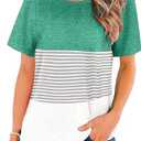 Womens Crew Neck Short Sleeve Tees Color Block Striped T-Shirt Casual Loose Fashion Tee Tops (Small)
