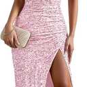 Womens Sequin One Shoulder Sleeveless Wedding Guest Dresses High Split Sparkly Glitter Gowns Bodycon Maxi Dresses (Pink, XL)