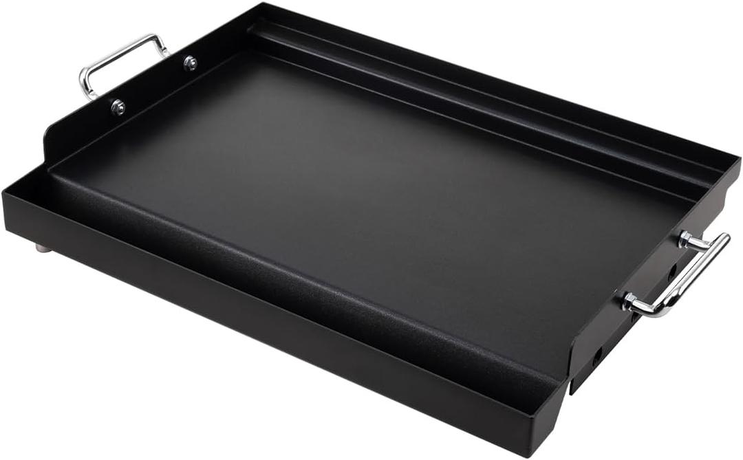 LotFun 17" x 13" Carbon Steel Cooking Griddle for Outdoor Gas Grill, Universal Griddle Flat Top Plate Insert with Grease Groove and Removable Handles for Electric/Charcoal/Gas Grill, Camping,Party