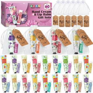 AZEN 60 Sets Bulk Gifts, Hand Cream and Lip Balm Bulk Set with Organza Bag Thank You Card, Baby Shower Wedding Gift for Guests, Bridal Wedding Favors for Guests, Mothers Day Gifts Stocking Stuffers