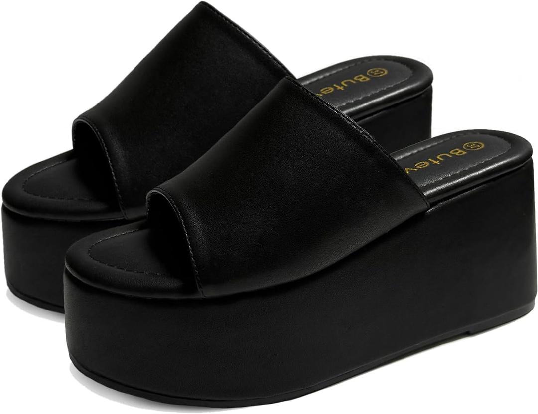 Platform Sandals Slides for Women Black Chunky Platform Wedge Comfortable Open Toe Slip on Flatform Sandals Casual (9)