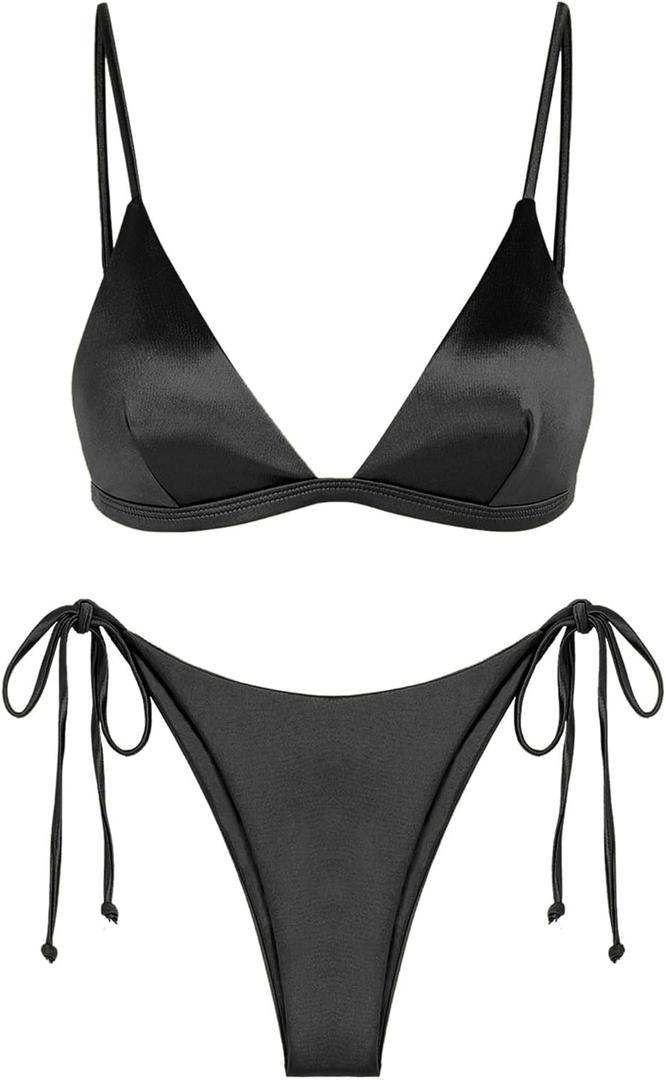 ZAFUL Women's Shiny Silky Bikini Sets Sexy Triangle Two Piece Swimsuit 2024 Tie Side Thong High Cut Cheeky Bathing Suit S