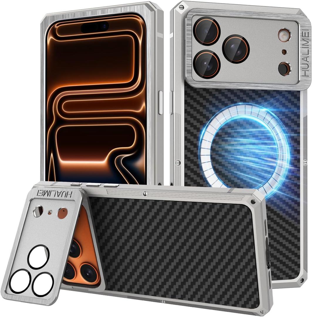 Luxury Carbon Fiber Aluminum Case for iPhone 17 Pro Max, Magnetic Heavy Duty Rugged Military Protective Phone Cover with Lens Protector Stand, Compatible with Magsafe, Titanium