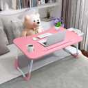 Slendor Lap Desk with Tablet Slot, Foldable Laptop Table with Storage Drawer for BedPortable Bed Desk for Laptop, Computer Tray with Cup Holder Notebook Stand Reading Holder for Couch Floor, Pink