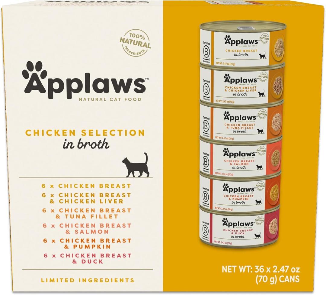 Applaws Natural Wet Canned Cat Food, Limited and Natural Ingreidents, High Protein with No Artificial Additives, Chicken Selection in Broth Cans (36 x 2.47oz Cans)
