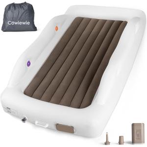 Cowiewie Inflatable Toddler Travel Bed with Rechargeable Cordless Air Pump, Toddler Blow Up Mattress with Safety Bumpers, Portable Toddler Bed for Kids for Camping Travel Hotel Home (Grey)