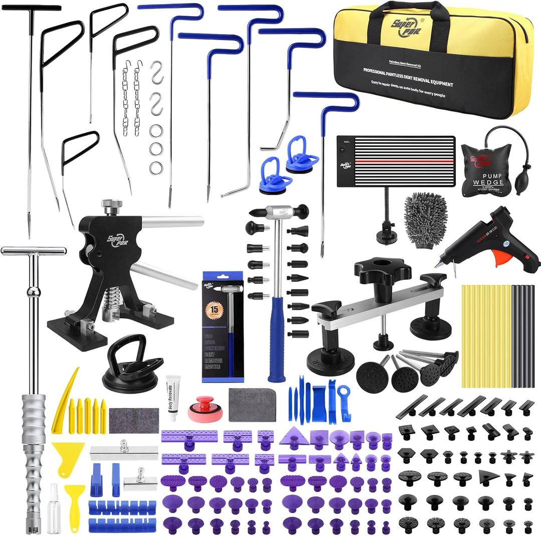 Super PDR 198PCS Paintless Dent Removal Kit, High Strength Steel Dent Removal Rods, Whale Tail Dent Repair Rods with Best Dent Repair Kit & LED Professional Inspection Light Board for car Dent Removal